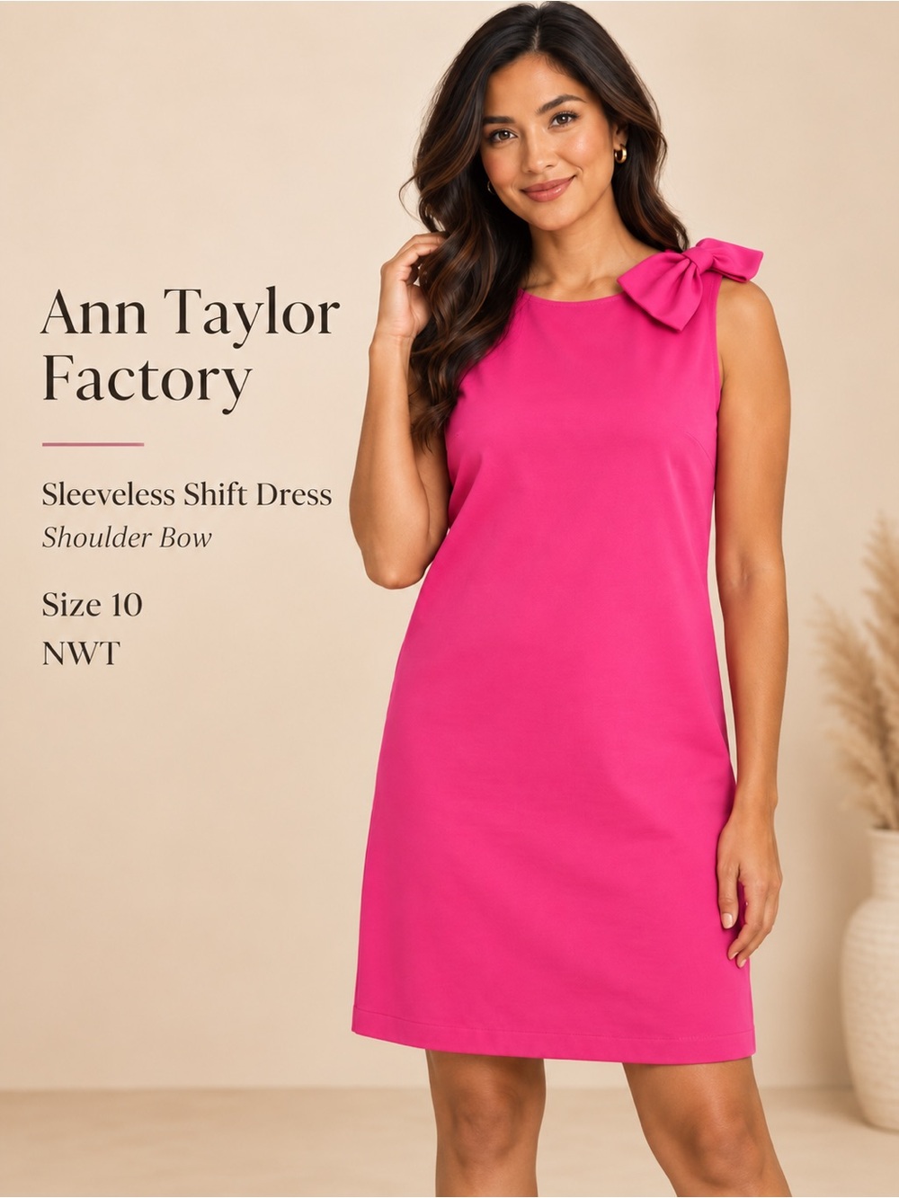 Ann Taylor Factory Sleeveless Shift Dress with Shoulder Bow Fuchsia NWT Size 10